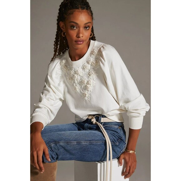 Anthropologie Tops - By Anthropologie Embroidered Sweatshirt Top Floral Long Sleeve Cotton L 285600